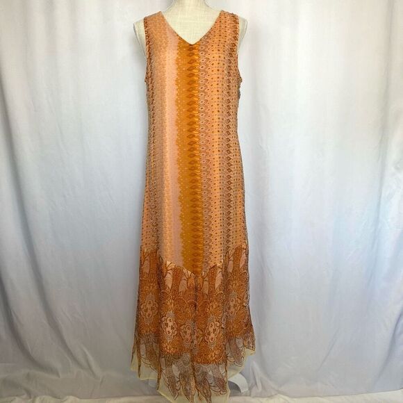 Sundance Sheer Overlay print midi dress Terra Cotta women 8 Lined Southwest - Picture 1 of 11